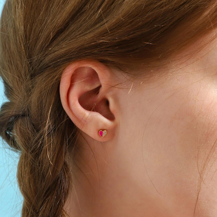 TAI - Heart Enamel Studs with Pave Accents in Pink Jewelry