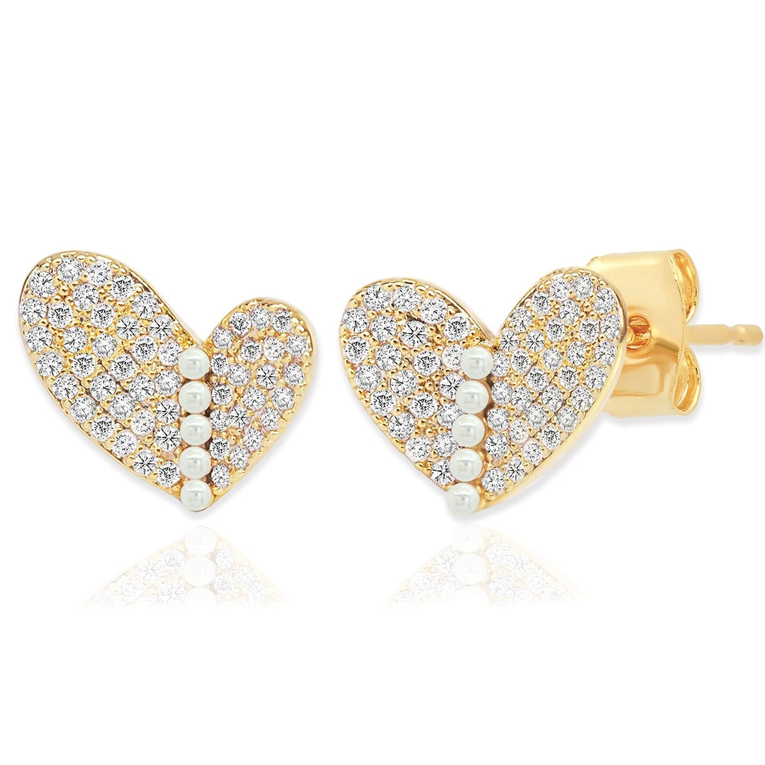 TAI - Pave Asymmetrical Heart with Tiny Pearl Line Studs in Gold Jewelry