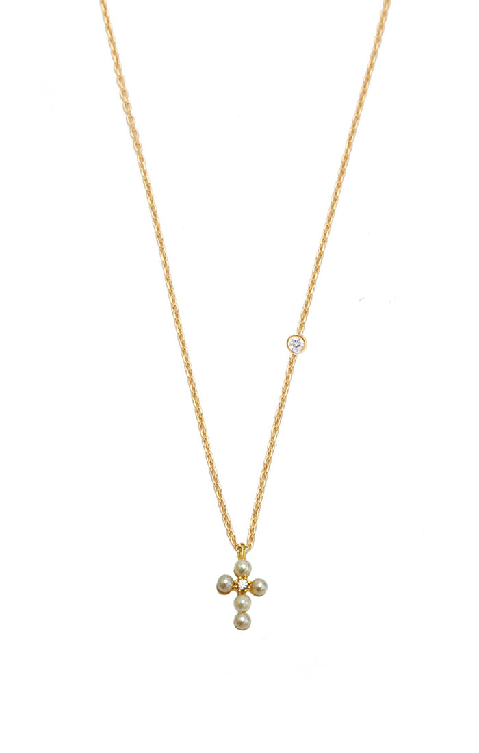 TAI - Pearl & Cz Cross Necklace in Gold Jewelry