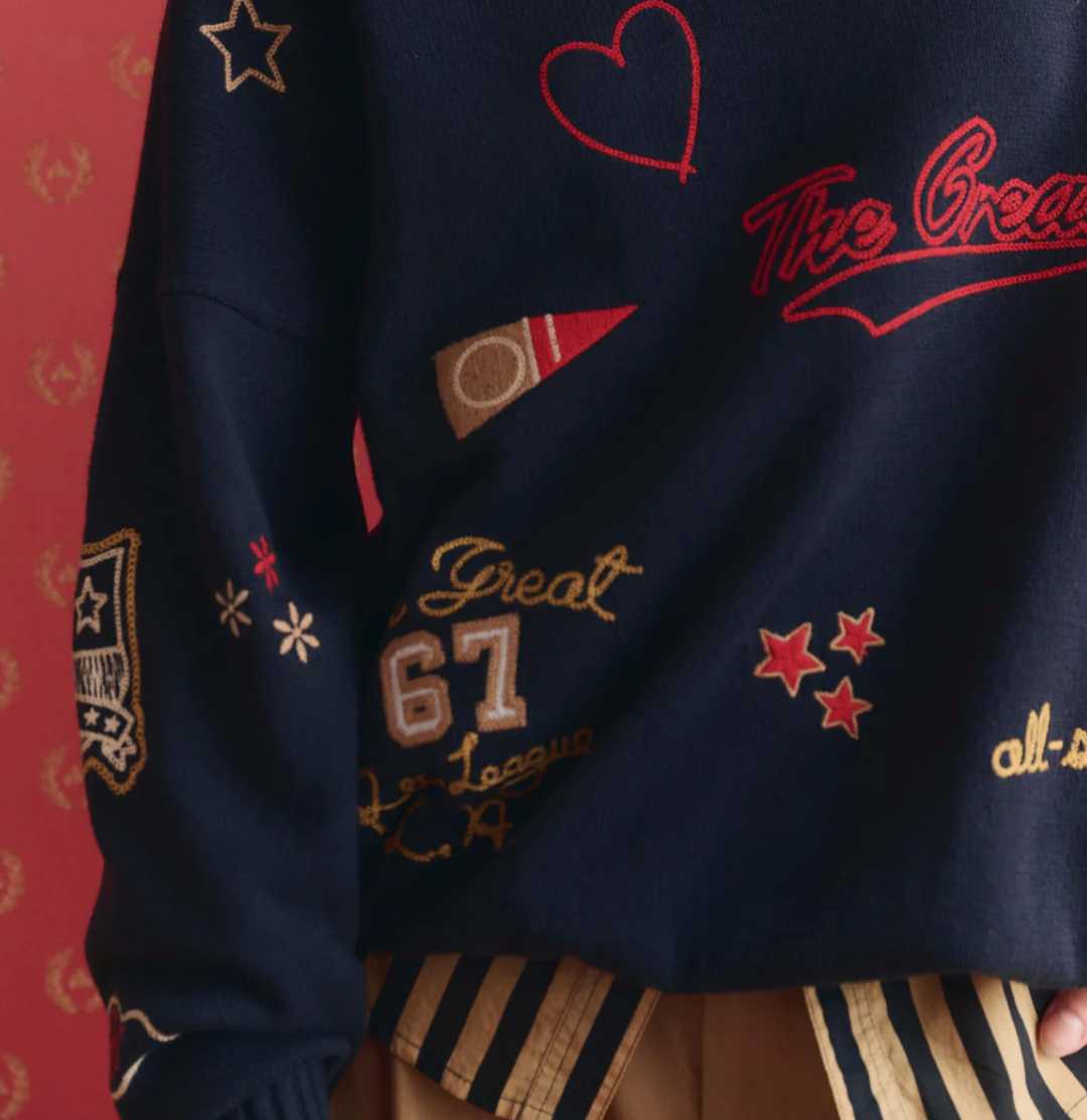 THE GREAT - The Embroidered Oversize Crew Pullover in Navy Sweaters