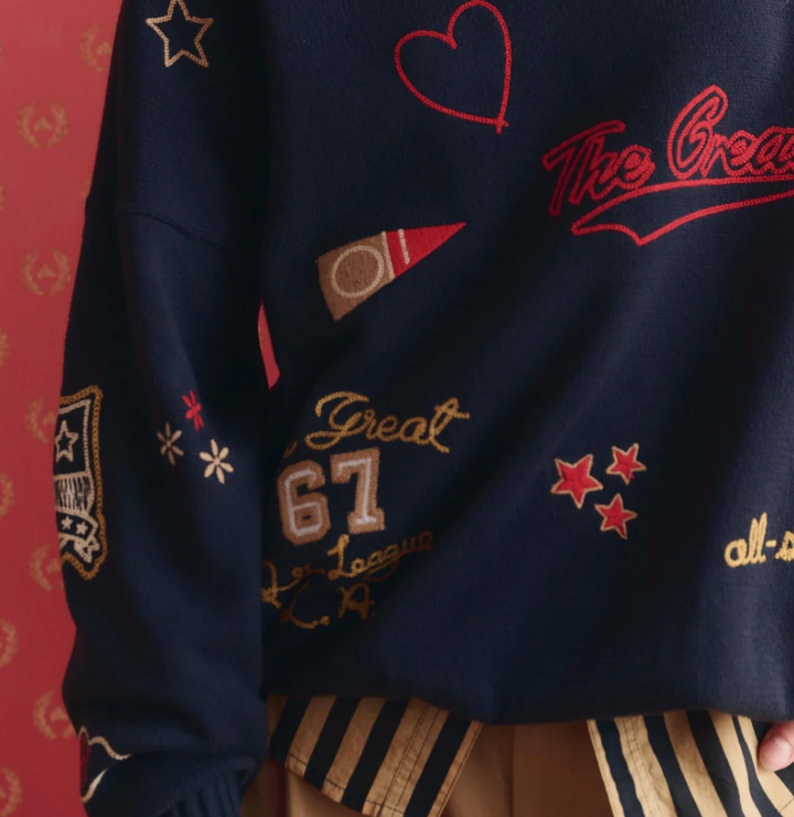 THE GREAT - The Embroidered Oversize Crew Pullover in Navy Sweaters