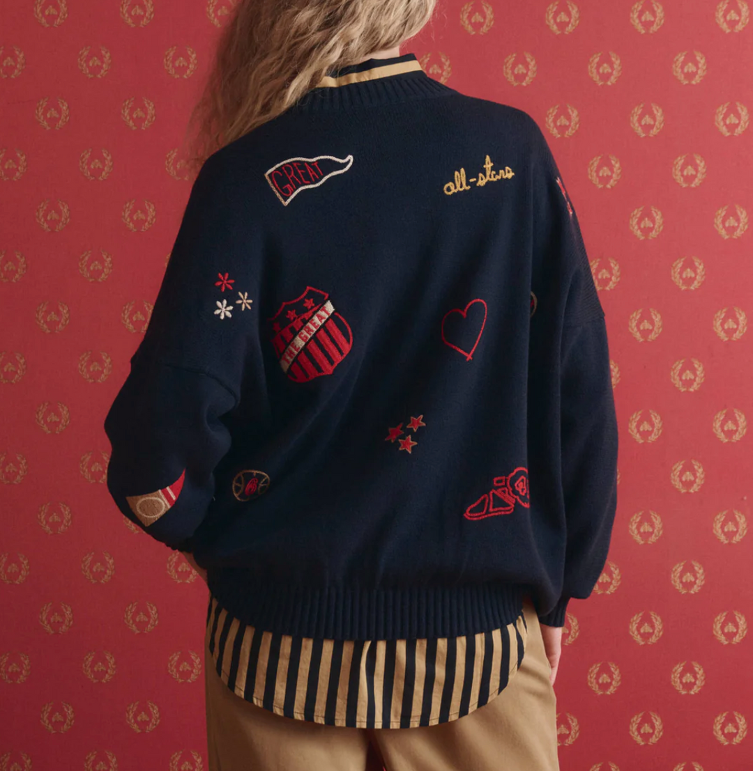 THE GREAT - The Embroidered Oversize Crew Pullover in Navy Sweaters