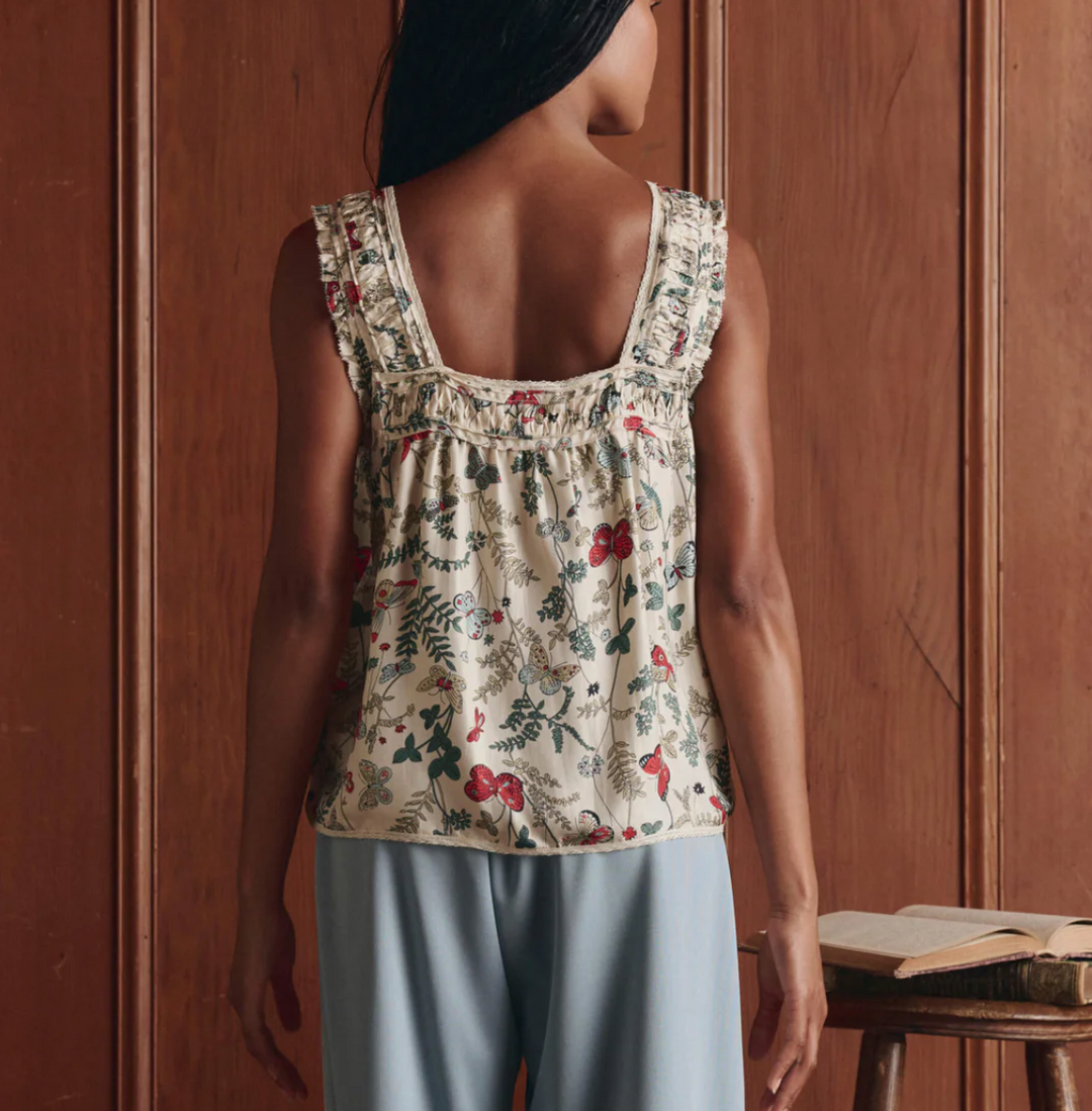 THE GREAT - The Victorian Pleat Tank in Floating Butterfly Tank Top