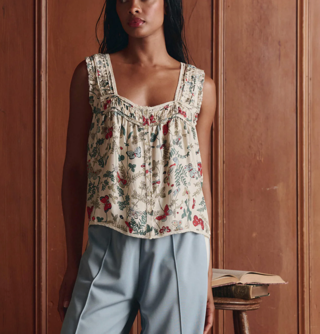 THE GREAT - The Victorian Pleat Tank in Floating Butterfly Tank Top