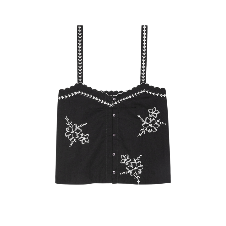 THE GREAT - The Weekend Tank with Hanky Embroidery in Black Tank Top