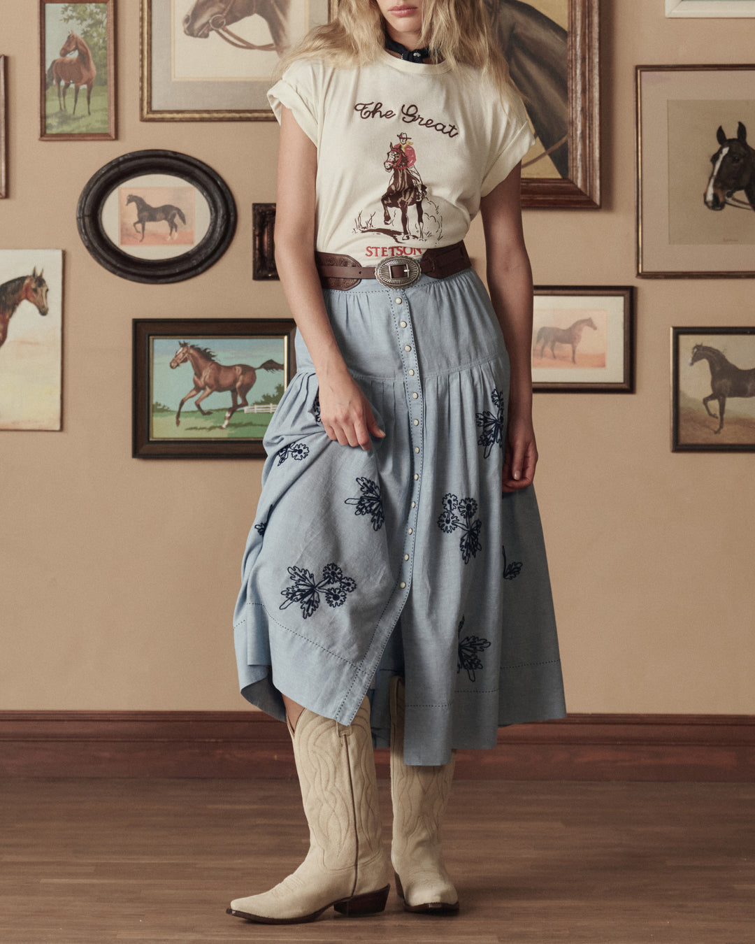 THE GREAT X STETSON - The Chambray Embroidered Highland Skirt Skirts