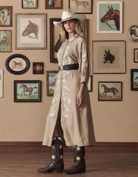 THE GREAT X STETSON - The Western Embroidered Herd Dress in Soft Tan with Cream Dresses