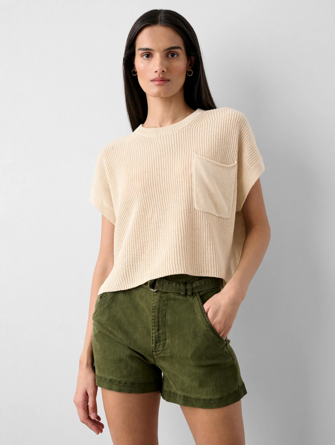 White + Warren - Linen Cotton Blend Pocket T-shirt in Ecru