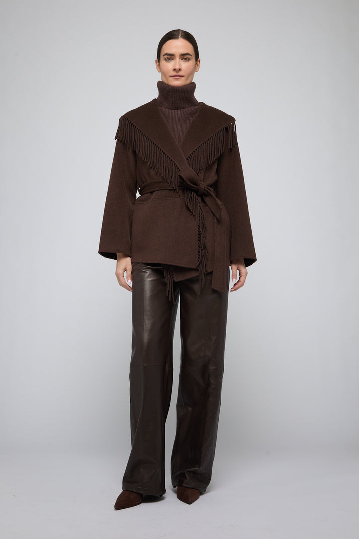 SIMKHAI - Rowen Fringe Jacket in Chocolate Coats & Jackets