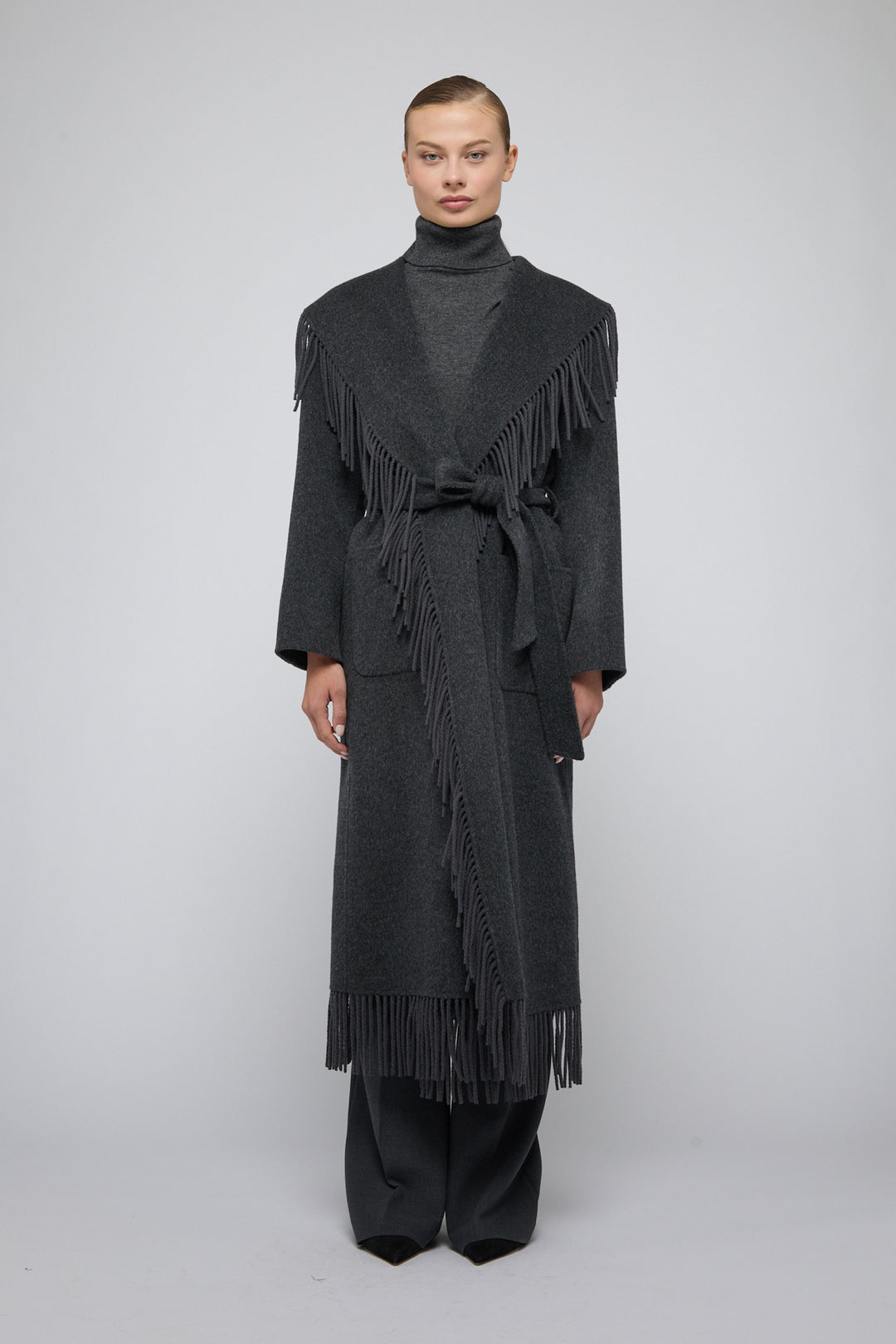 Simkhai - Carrie Fringe Robe Coat in Dark Charcoal