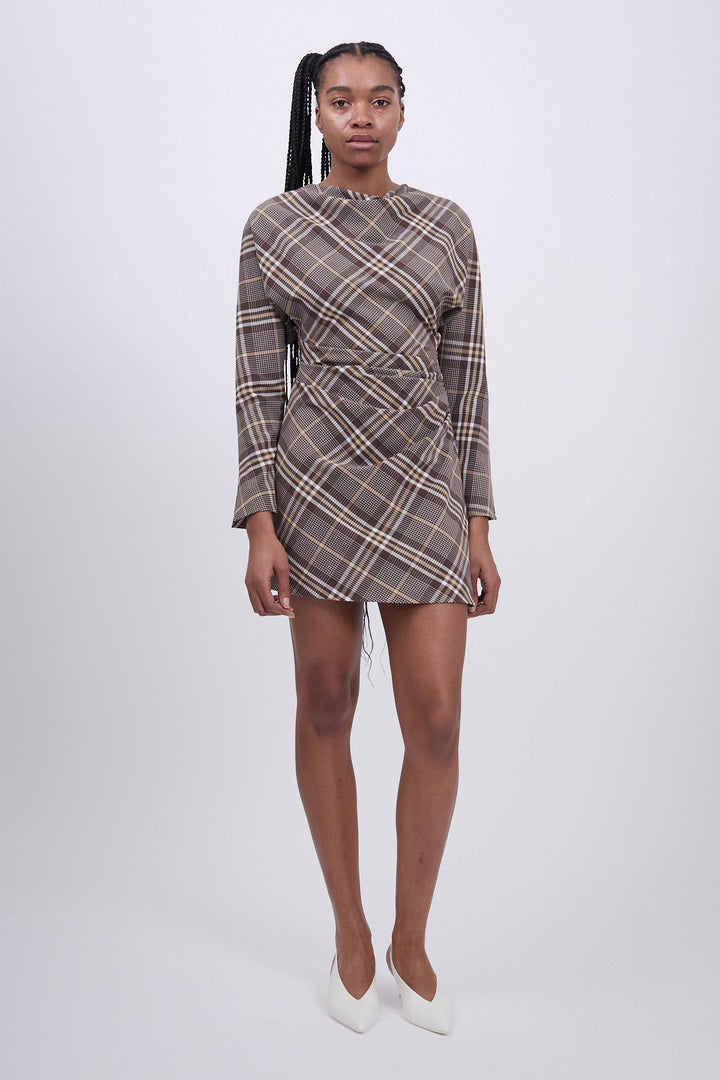 Simkhai - Harpor Long Sleeve Mini Dress in Chocolate Plaid