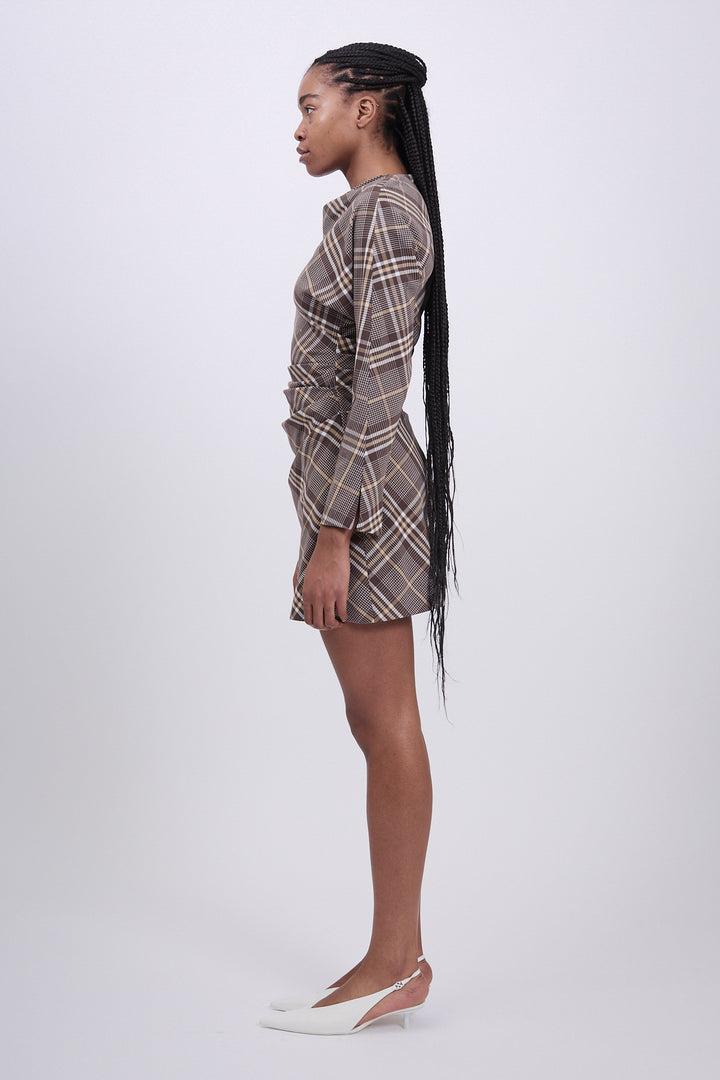 Simkhai - Harpor Long Sleeve Mini Dress in Chocolate Plaid