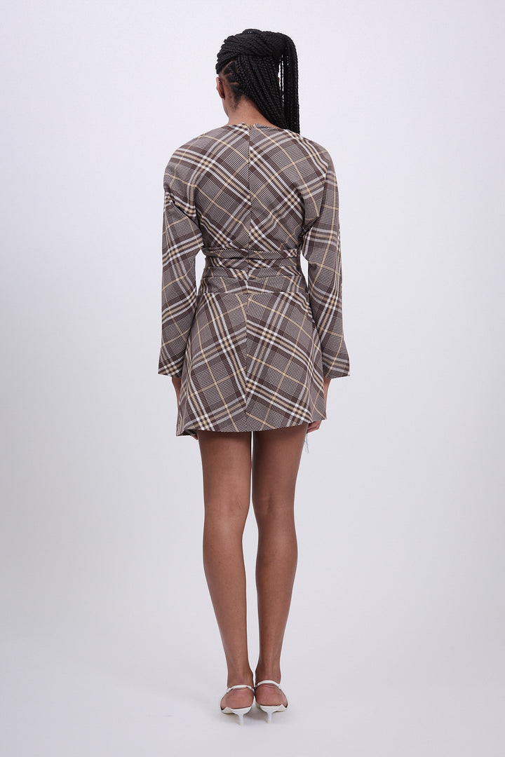 Simkhai - Harpor Long Sleeve Mini Dress in Chocolate Plaid