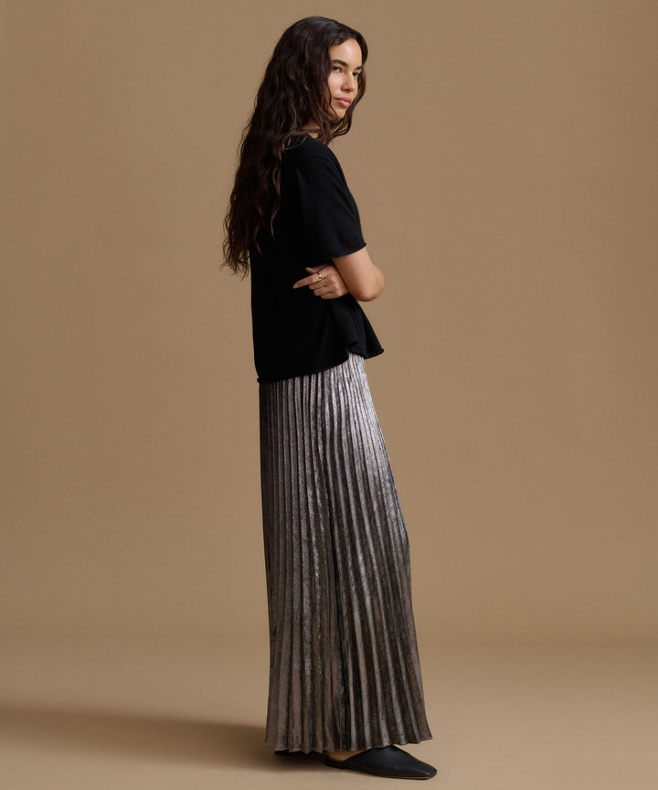 JENNI KAYNE - Pleated Skirt in Silver Lame