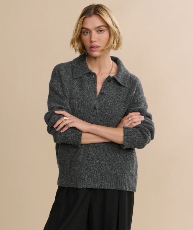 JENNI KAYNE - Cashmere Burke Polo Charcoal Donegal