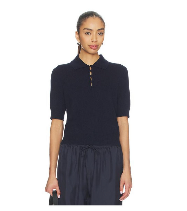WHITE & WARREN - Cashmere Button Polo in Deep Navy Sweaters