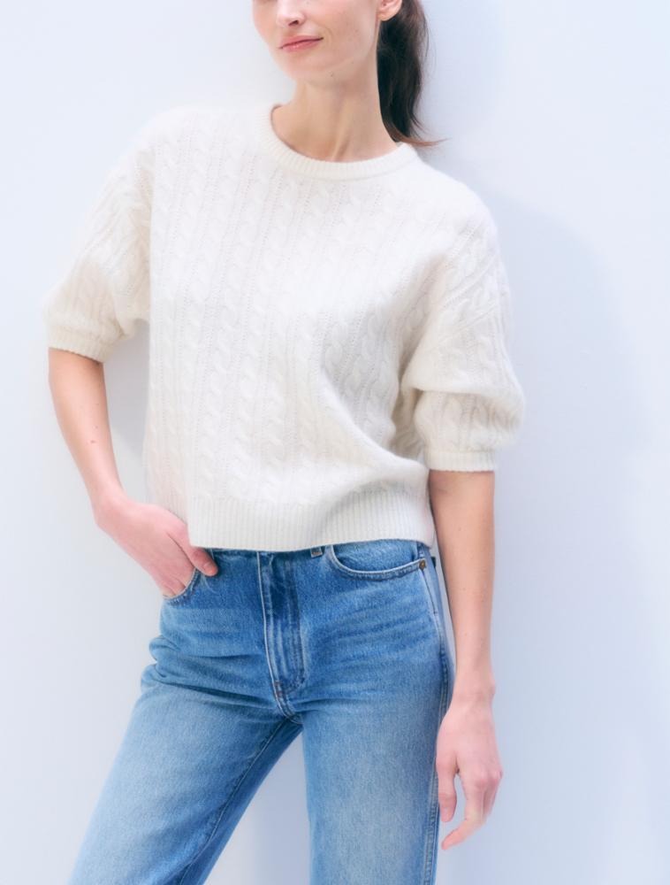 WHITE & WARREN - Cashmere Cable Short Sleeve in Soft White Sweaters