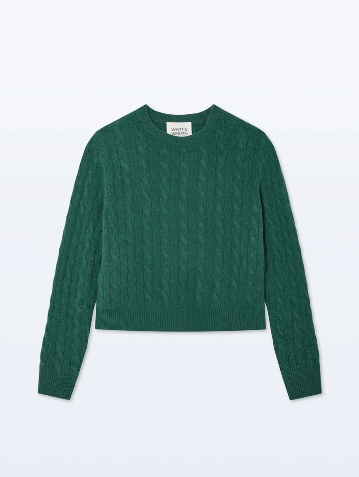 WHITE & WARREN - Cashmere Varsity Cable Crewneck in Ivy Green Sweaters