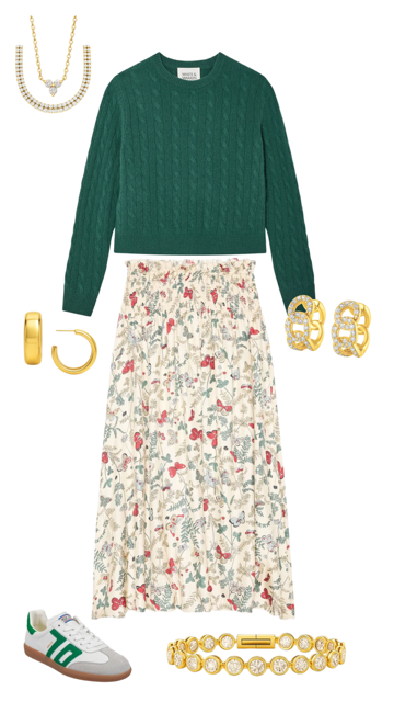 WHITE & WARREN - Cashmere Varsity Cable Crewneck in Ivy Green Sweaters