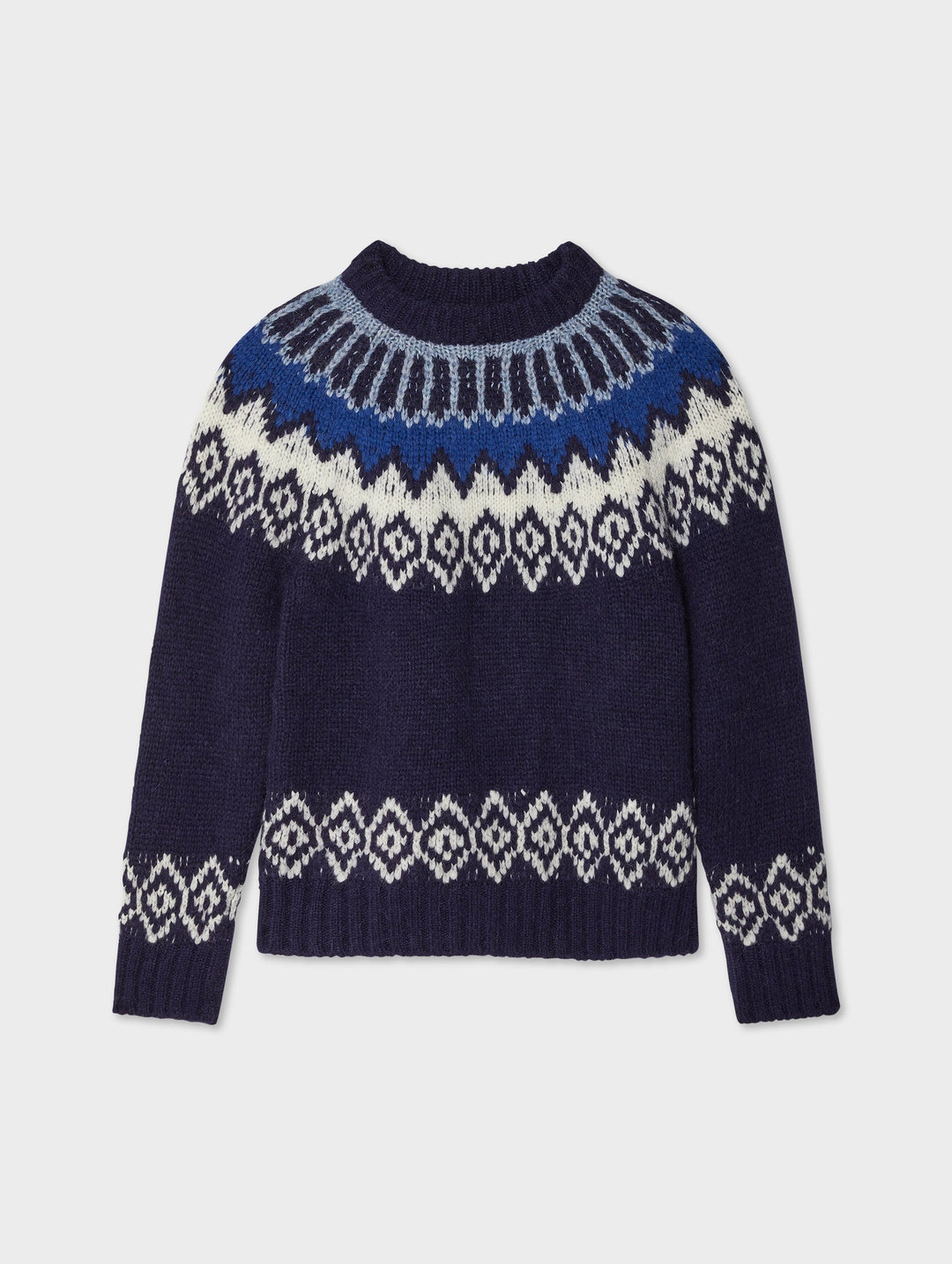 White + Warren - Plush Alpaca Blend Faire Isle Crewneck in Dark Blue Combo Sweaters