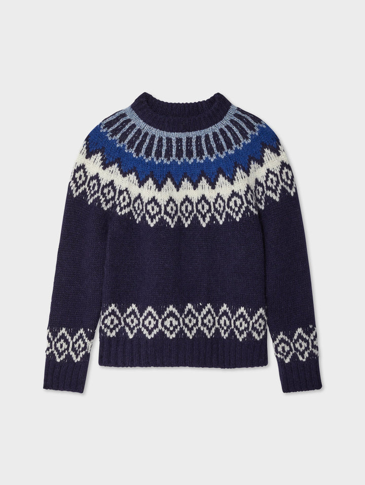 White + Warren - Plush Alpaca Blend Faire Isle Crewneck in Dark Blue Combo Sweaters