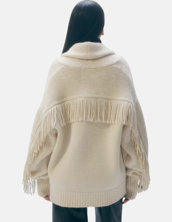 WHITE & WARREN - Cashmere Blend Luxe Fringe Coatigan in Ivory Cardigans