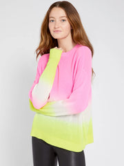 Alice + Olivia - Gleeson Dip Dye Long Sleeve Pullover in Neon Pink/White/Neon Yellow