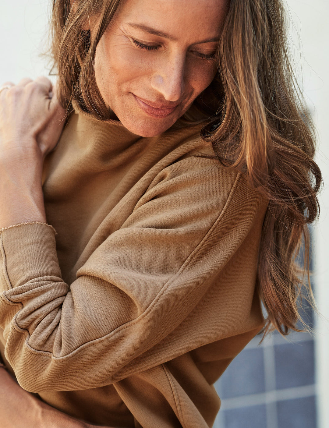 Frank & Eileen - Effie Long Sleeve Funnel Neck Capelet in Camel