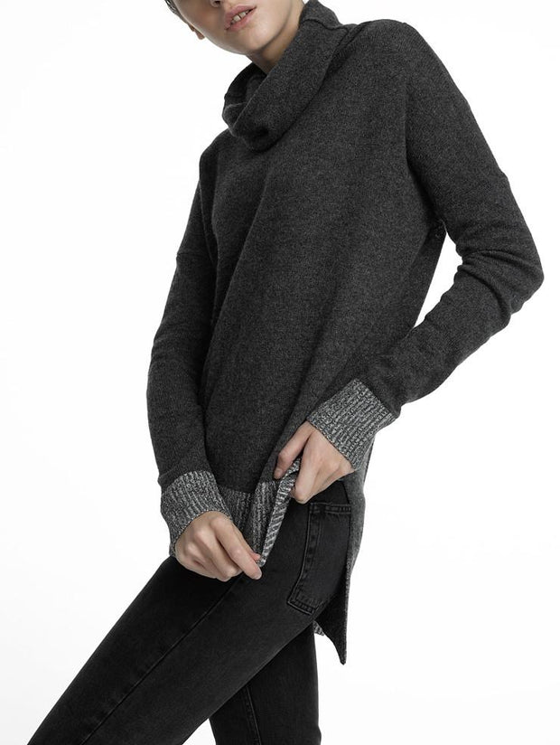 White + Warren White + Warren - Cashmere Plaited Trim Funnelneck Charcoal/Glacier Grey at Blond Genius - 2
