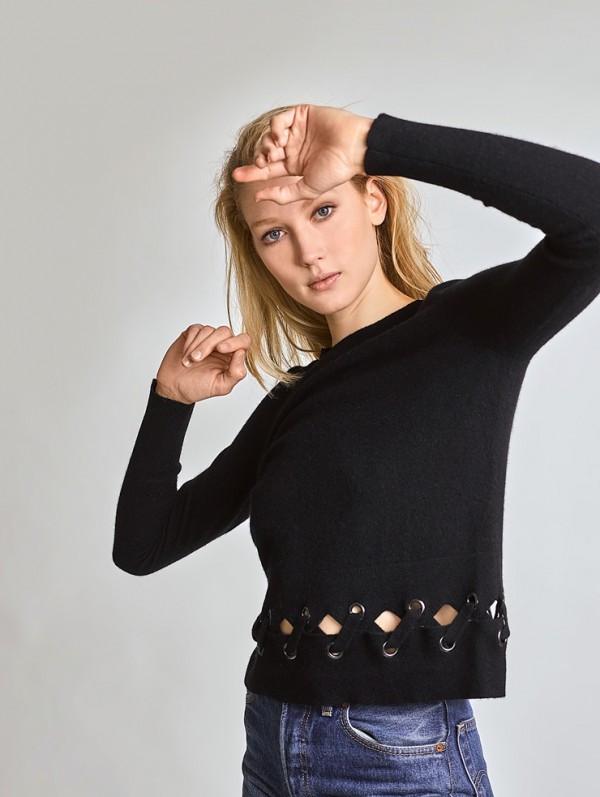 White + Warren - Laced Scallop Hem Crewneck Black