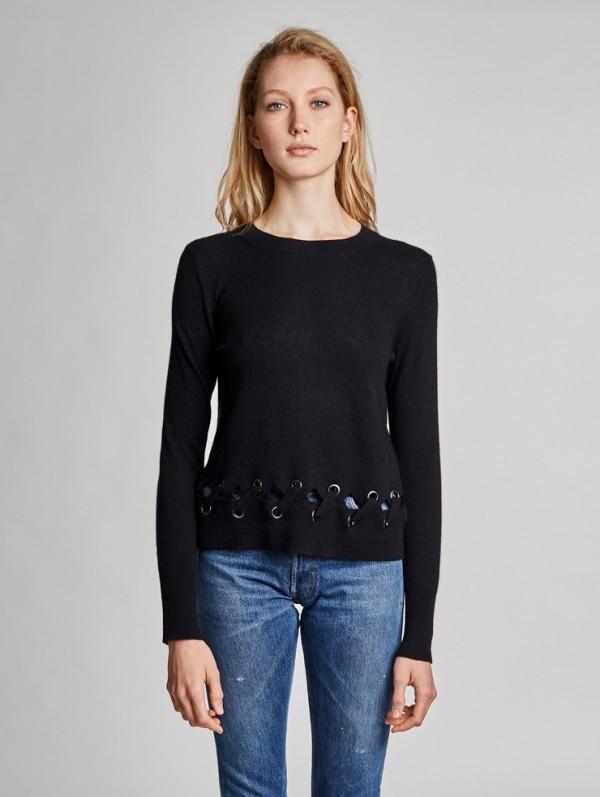 White + Warren - Laced Scallop Hem Crewneck Black
