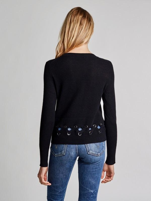 White + Warren - Laced Scallop Hem Crewneck Black