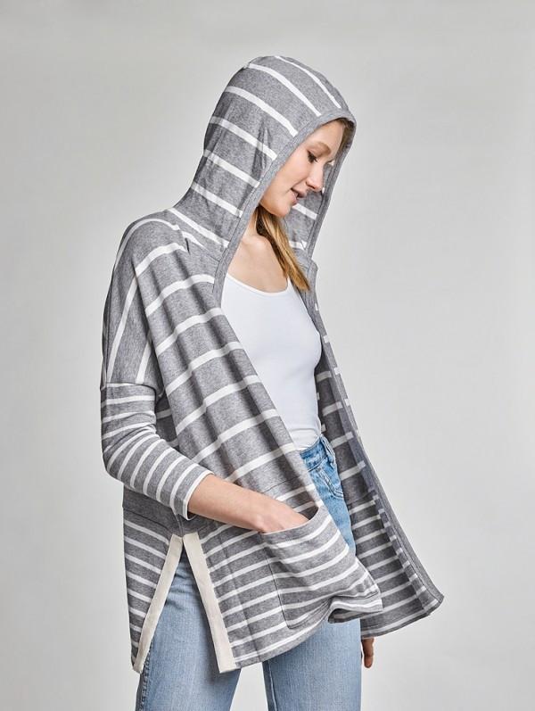 White + Warren- Open Hooded Cardigan 17191 Stripe