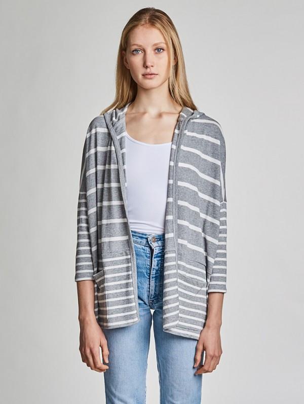 White + Warren- Open Hooded Cardigan 17191 Stripe