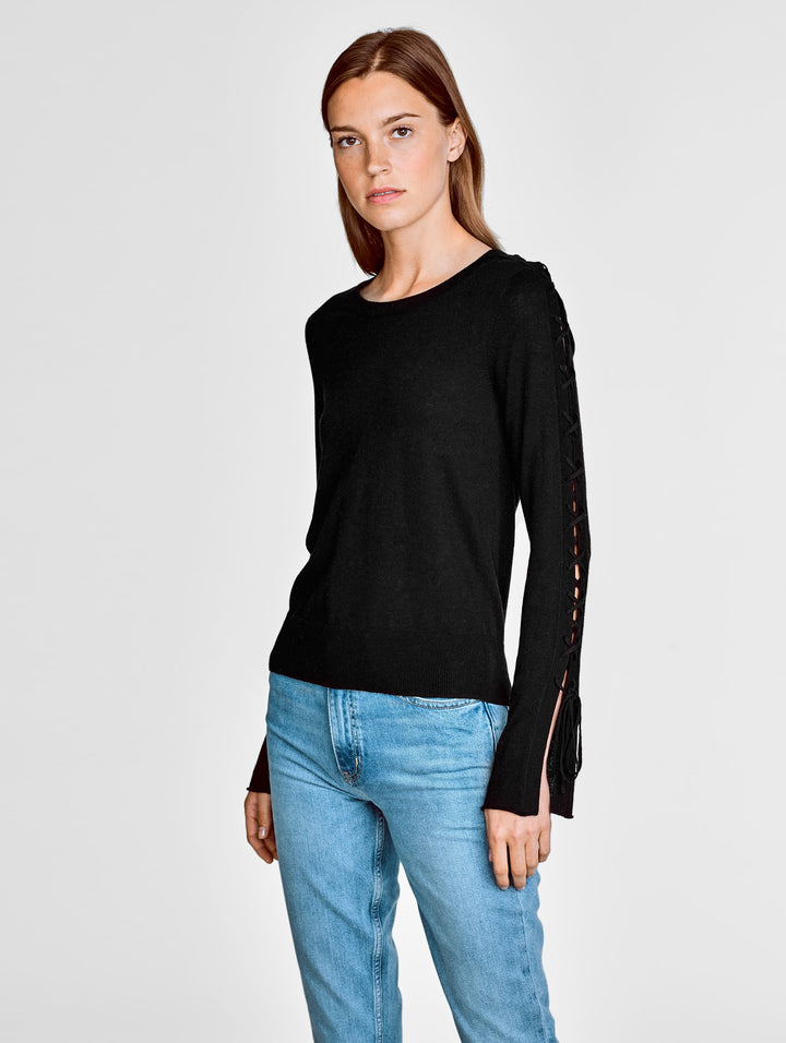 White + Warren - Laced Sleeve Crewneck in Black