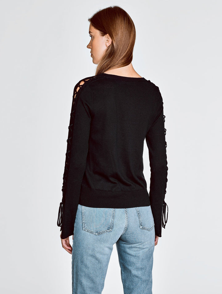 White + Warren - Laced Sleeve Crewneck in Black