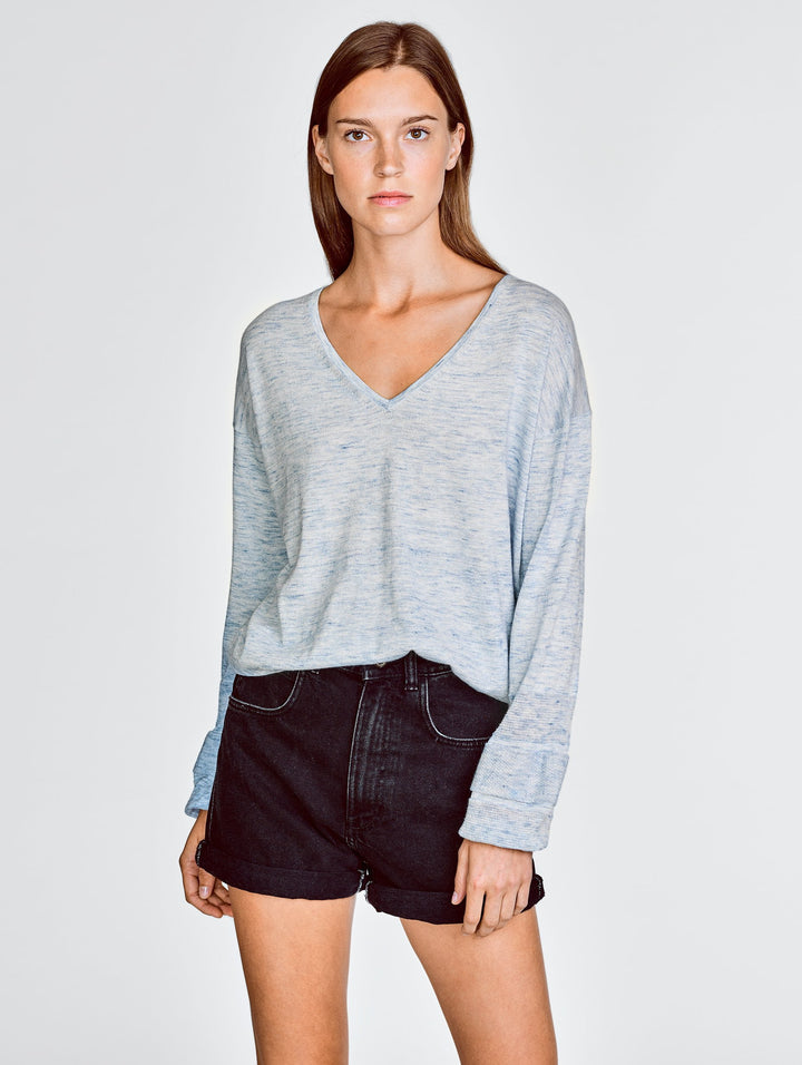 White + Warren - Blouson Sleeve Wide V-Neck in Crystal Blue Heather