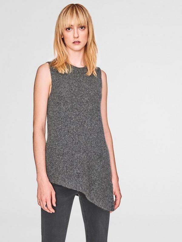 White + Warren- Asymmetrical Sleeveless Crew Coal Donegal