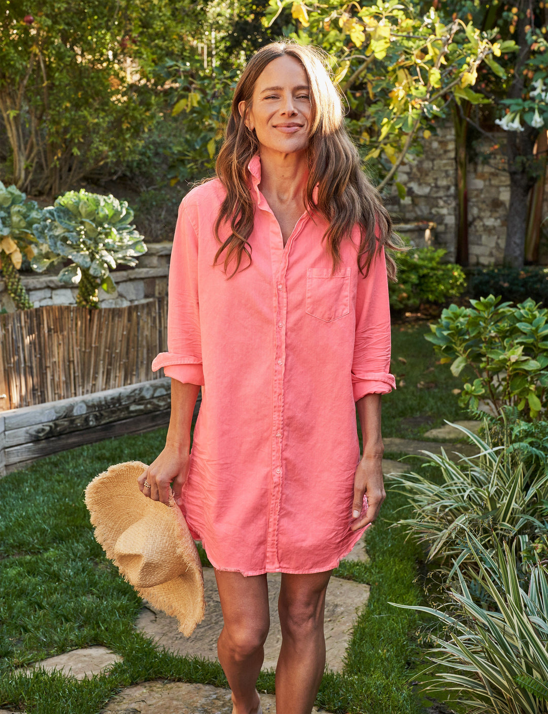 Frank & Eileen - Mary Woven Button Up Dress in Neon Strawberry