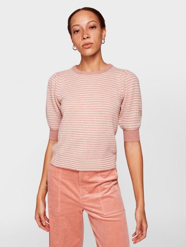 White + Warren- Puff Sleeve Striped Crewneck Soft Rouge/White