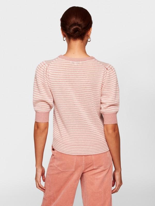 White + Warren- Puff Sleeve Striped Crewneck Soft Rouge/White