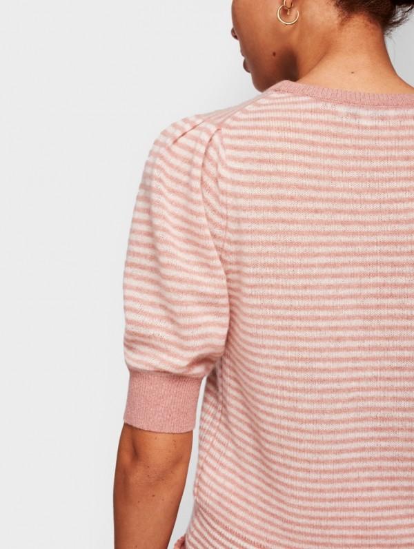 White + Warren- Puff Sleeve Striped Crewneck Soft Rouge/White