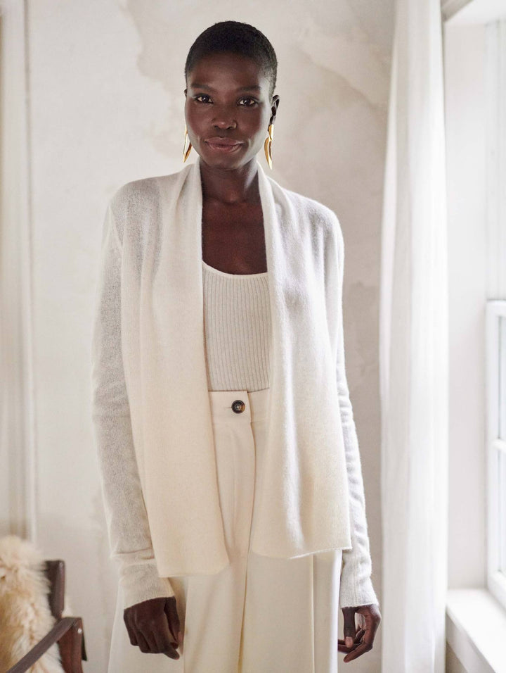 White + Warren - Cashmere Mini Trapeze Cardigan in Soft White