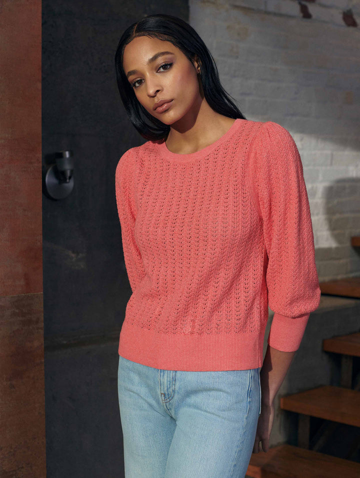 White + Warren - Cotton Puff Sleeve Stitchy Crew Neck Sweater in Summer Coral
