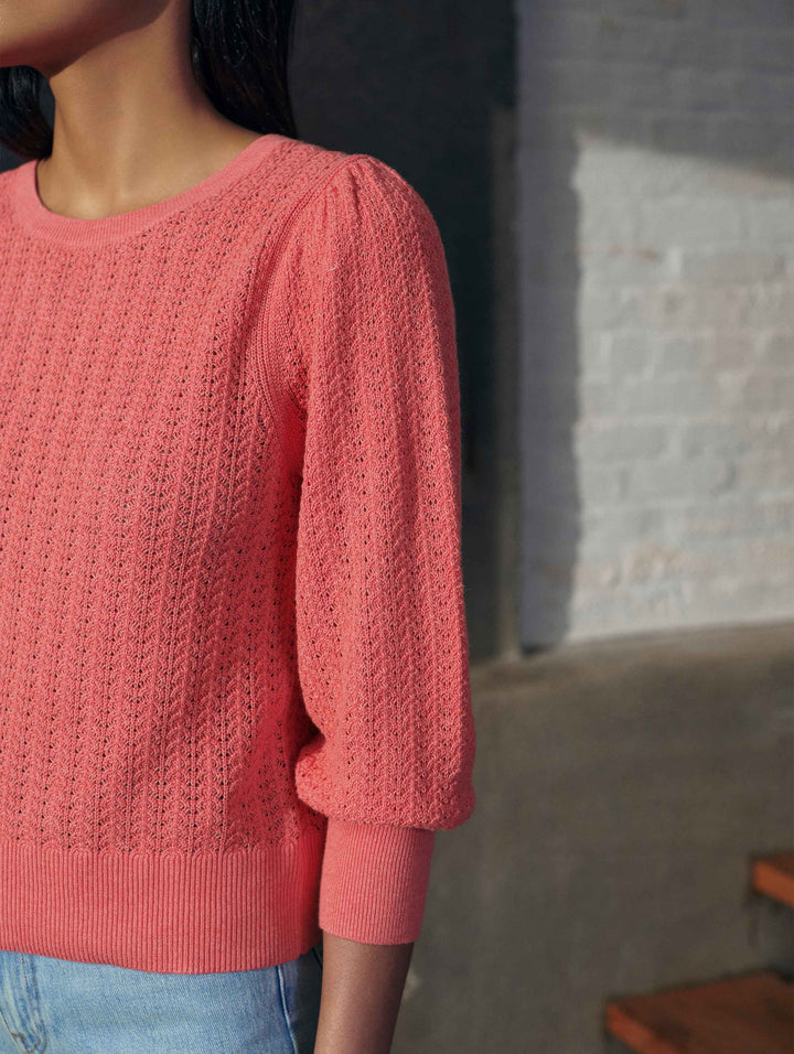 White + Warren - Cotton Puff Sleeve Stitchy Crew Neck Sweater in Summer Coral Clothing - Sweaters