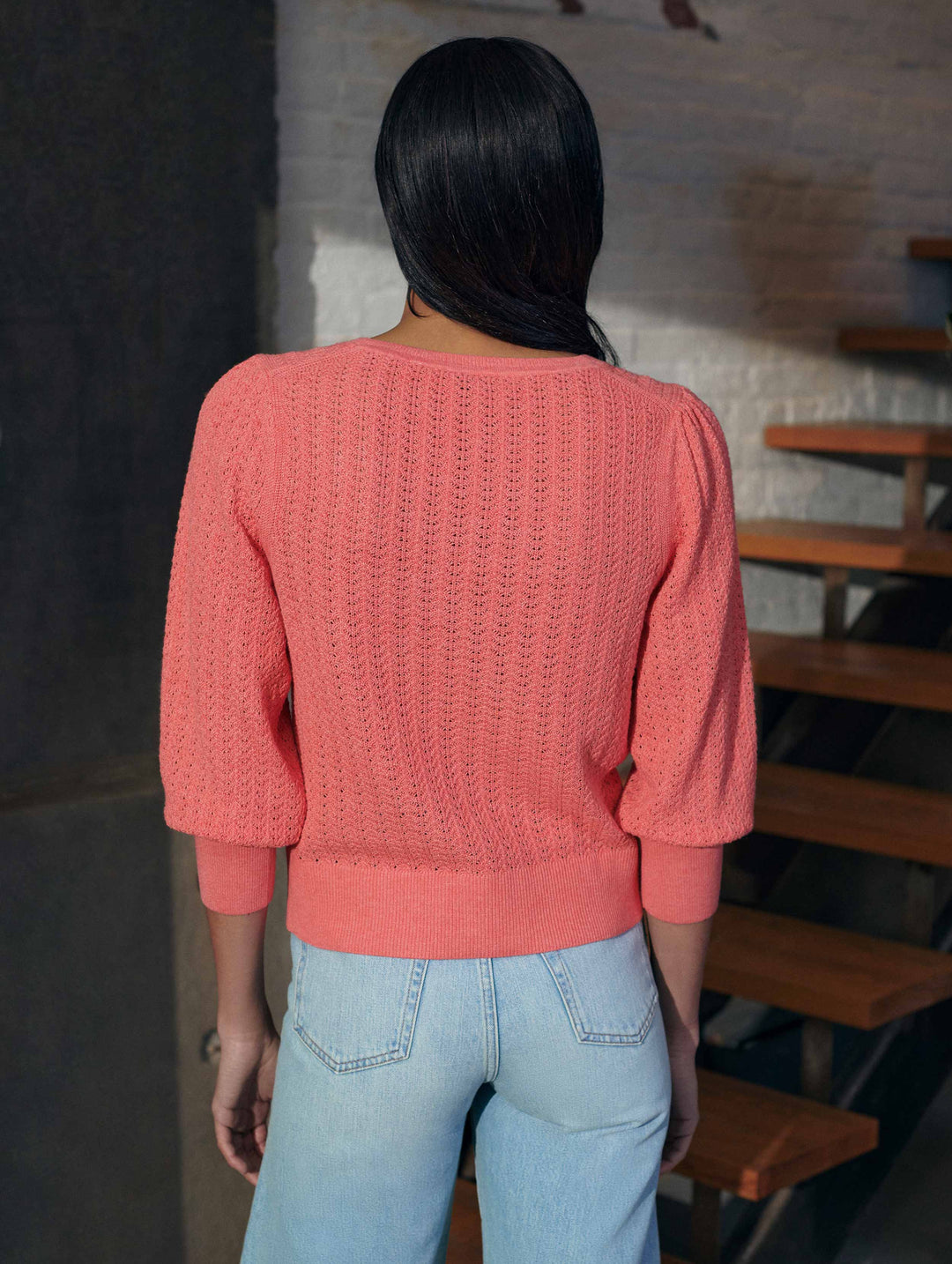 White + Warren - Cotton Puff Sleeve Stitchy Crew Neck Sweater in Summer Coral