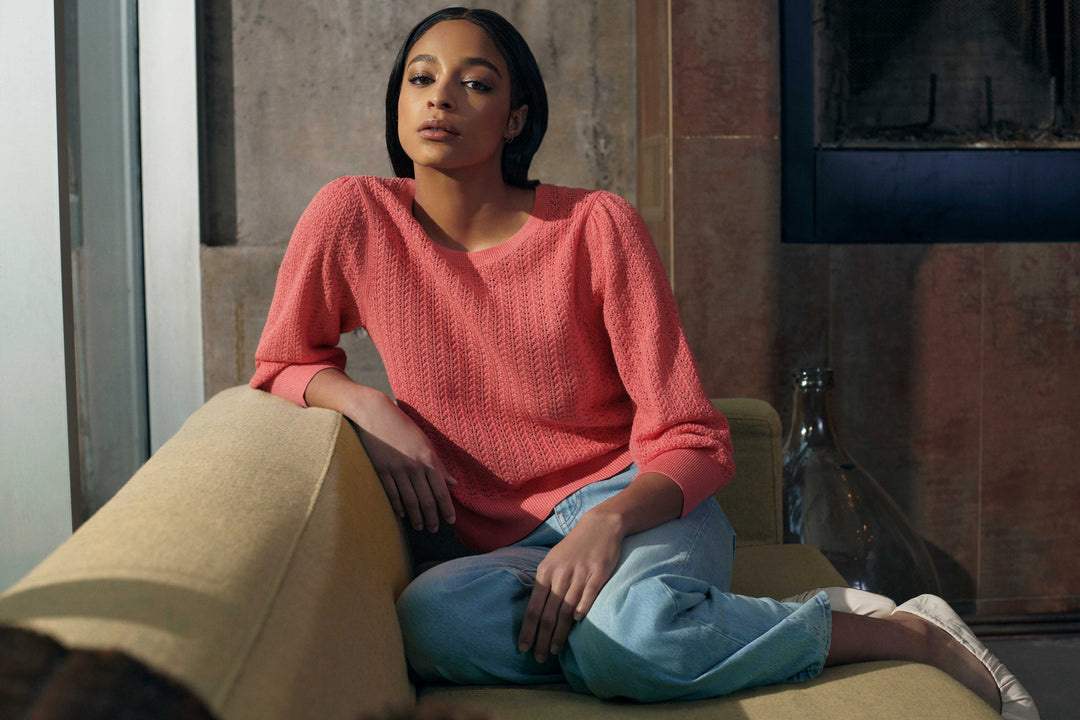 White + Warren - Cotton Puff Sleeve Stitchy Crew Neck Sweater in Summer Coral