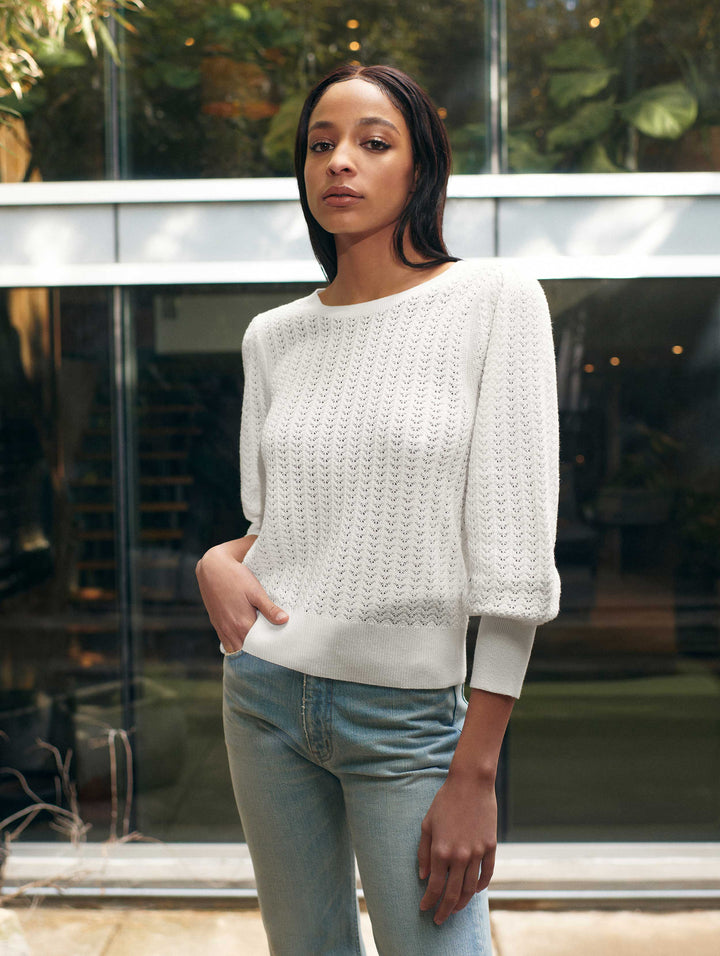 White + Warren - Cotton Puff Sleeve Stitchy Crew Neck Sweater in White