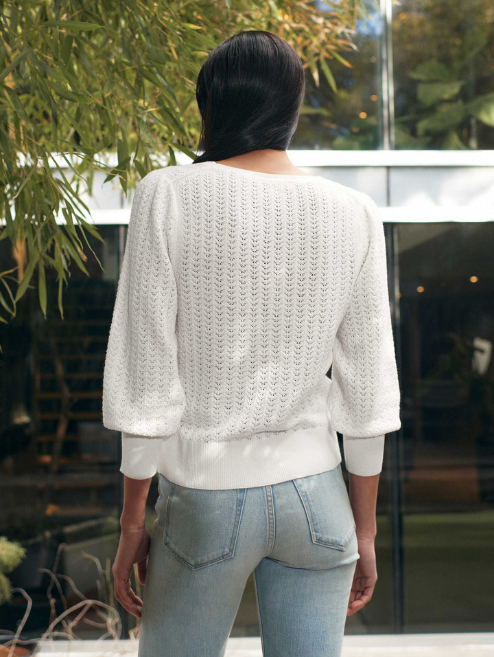 White + Warren - Cotton Puff Sleeve Stitchy Crew Neck Sweater in White Clothing - Sweaters