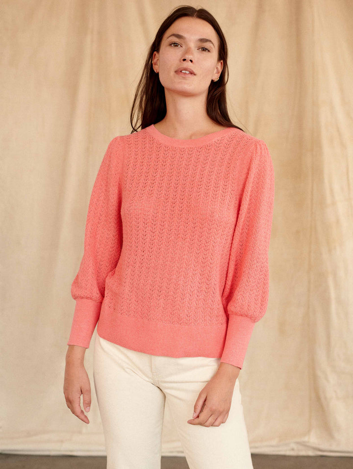 White + Warren - Cotton Puff Sleeve Stitchy Crew Neck Sweater in Summer Coral